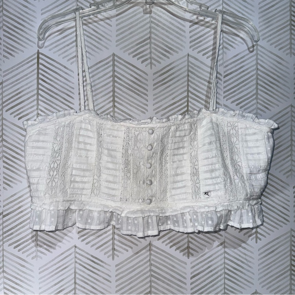 American Eagle White Ruffle Lace Crop Cami Sleeveless‎ Tube Top Button Detail XL